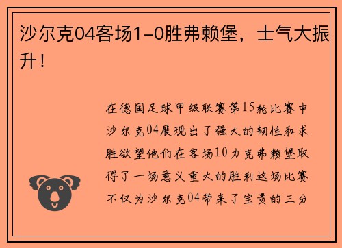 沙尔克04客场1-0胜弗赖堡，士气大振升！